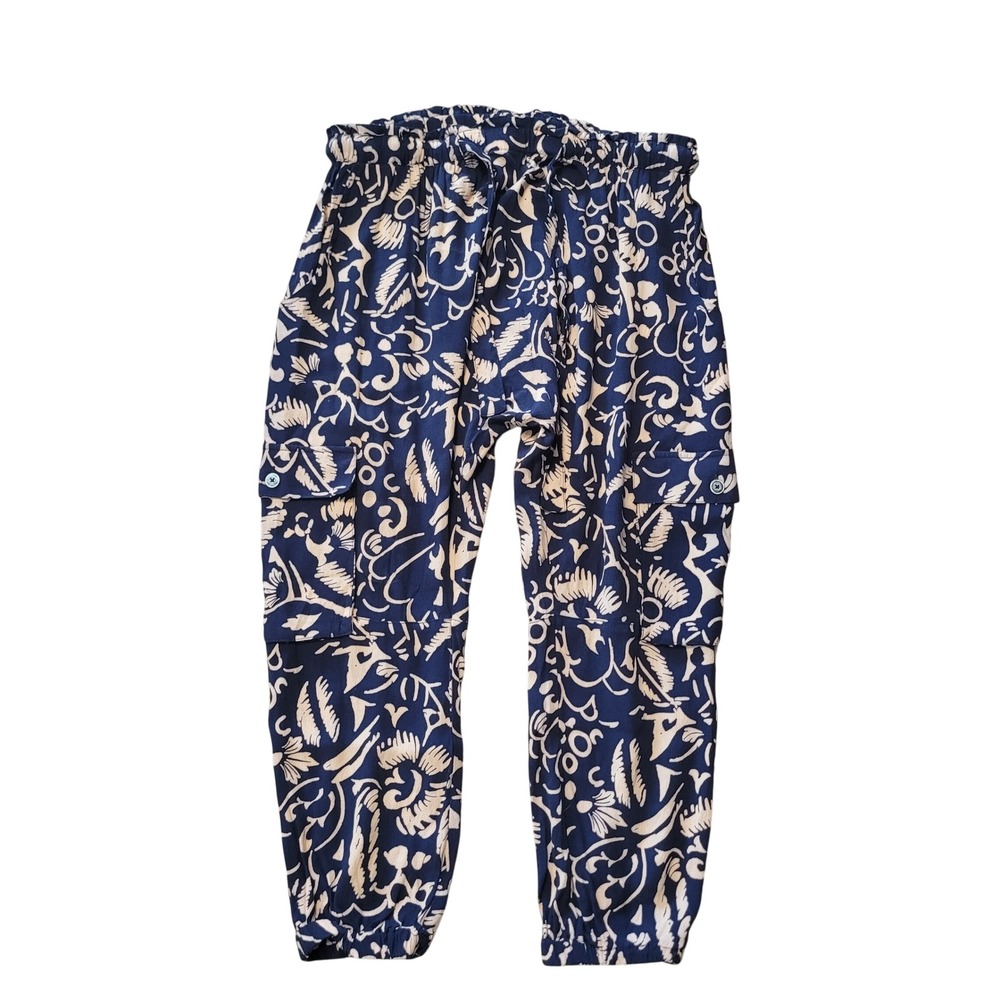 Hei Hei Women M Jogger Pants Blue Botanical Paperbag Waist Cargo Pocket Viscose